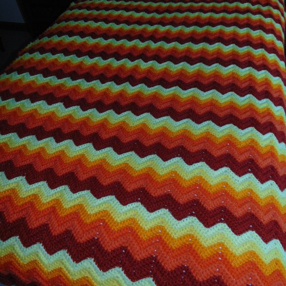 Vintage Crocheted Afghan, Ripple Chevron, Yellow/Orange/Rust, 45 x 84 - Picture 9 of 11